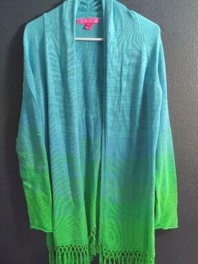 Lilly Pulitzer Cotton Teal to Lime Green Ombre Open Cardigan